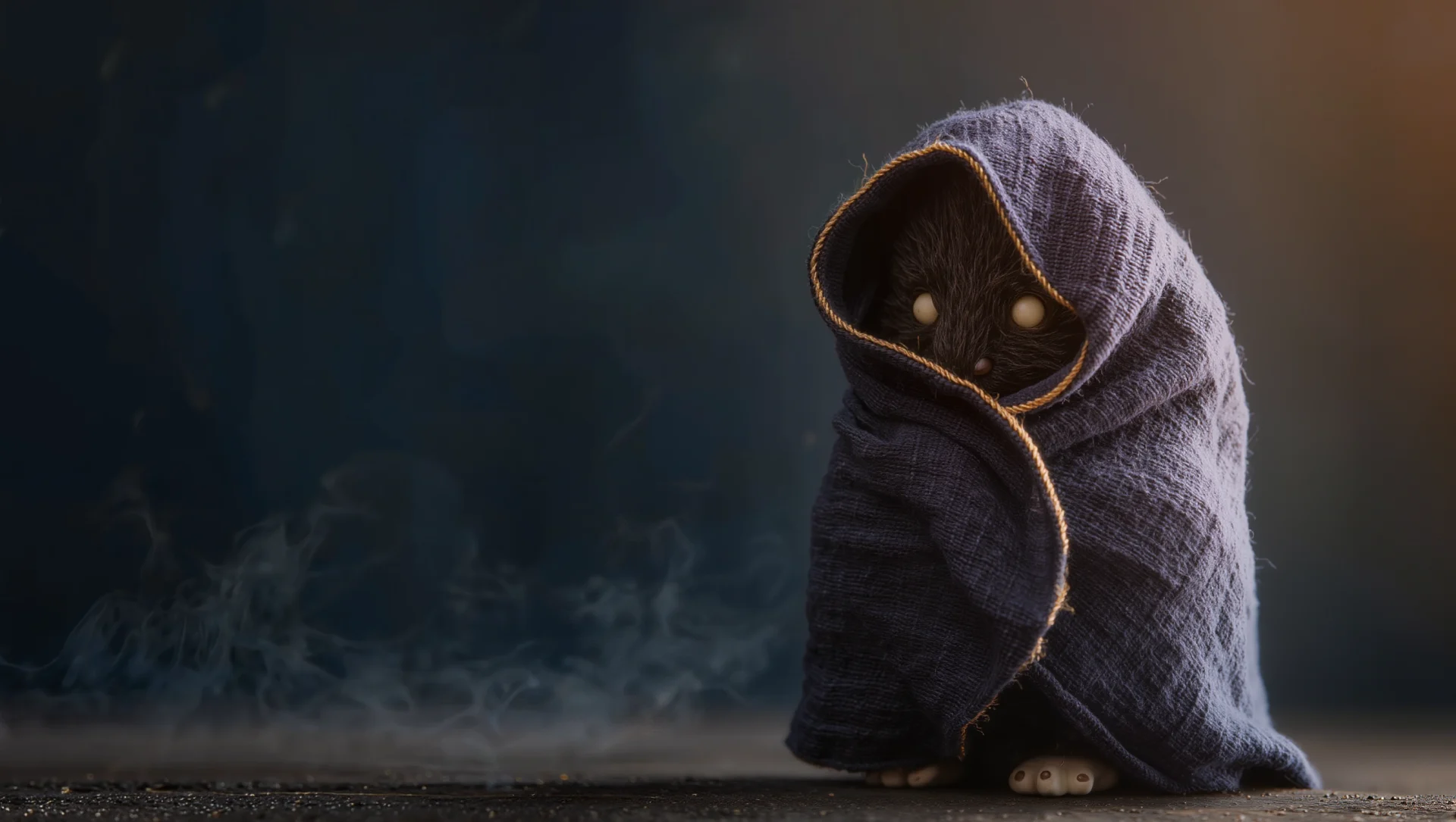 A small creature peering from a textured midnight cloak.